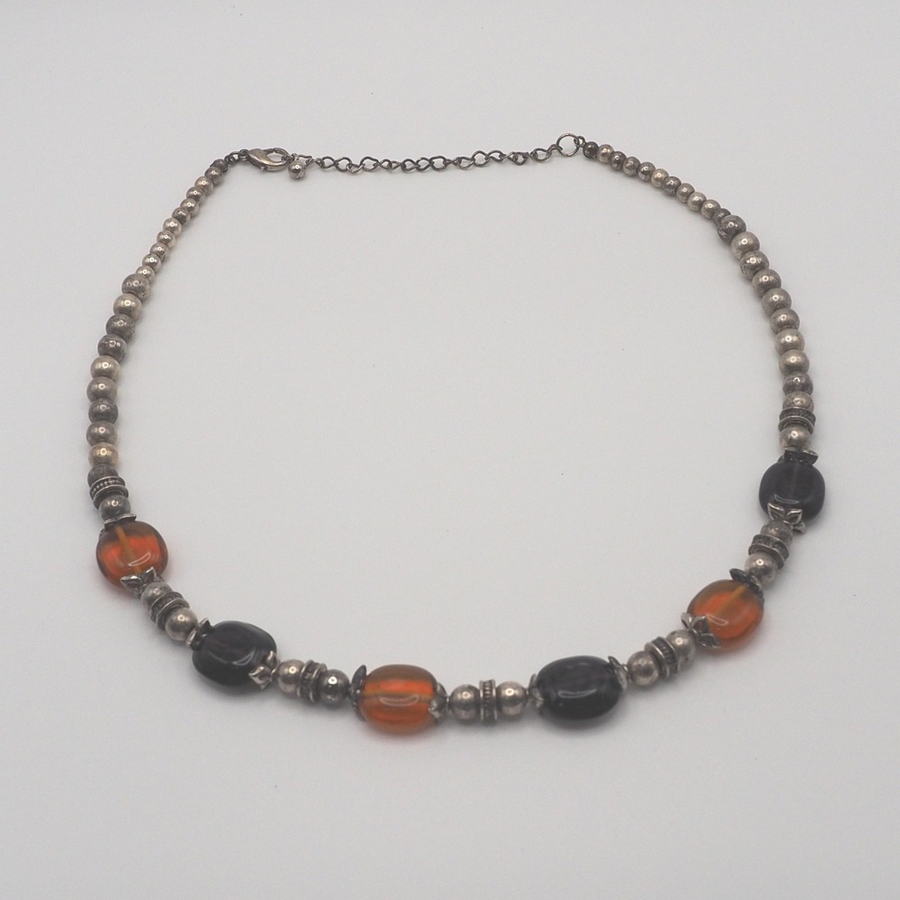 Vintage Necklace Purple Orange Glass Bead Silver Tone Choker Adjustable Extender